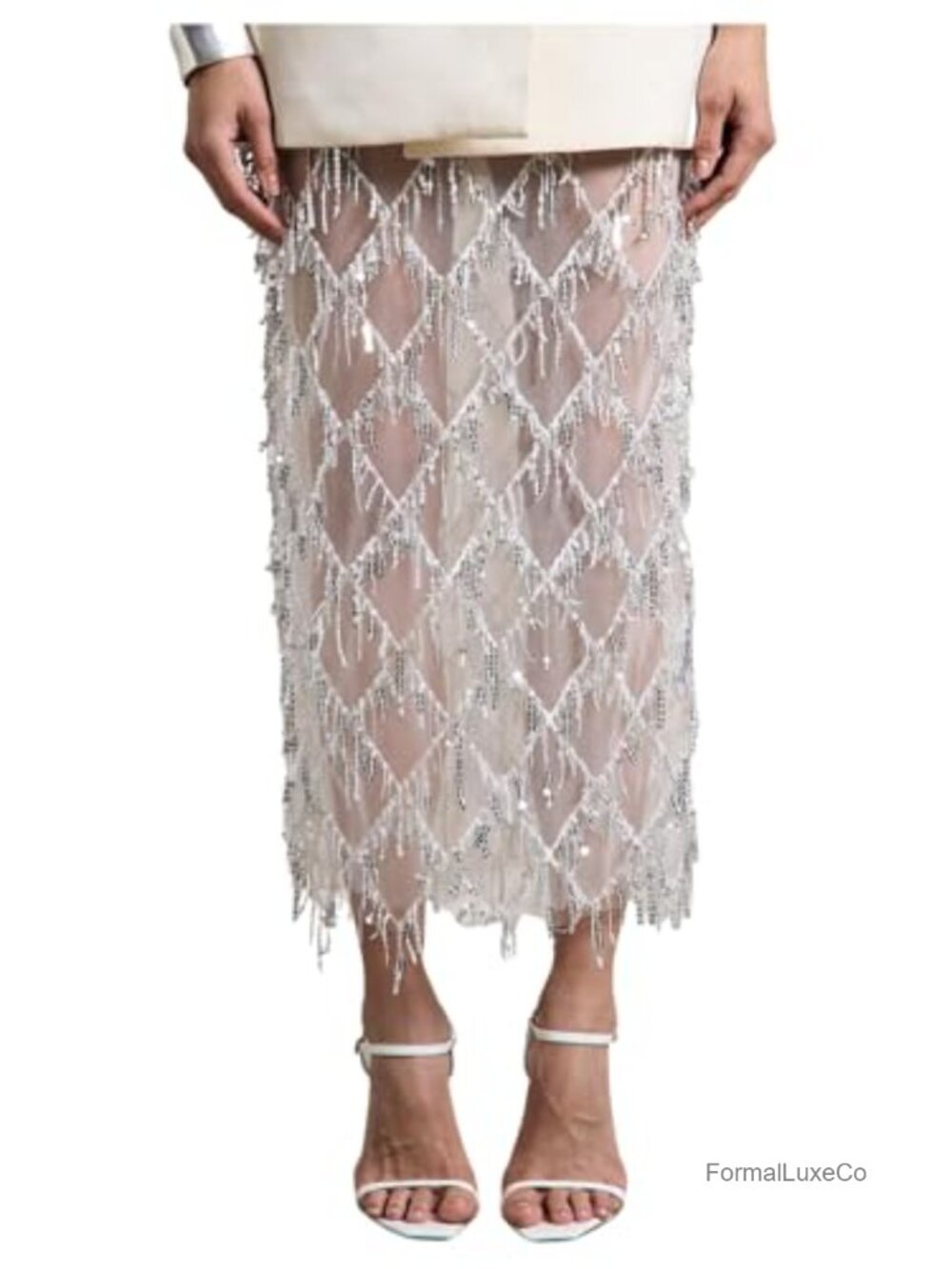 Sequin Fringe Midi Pencil Skirt Sheer Mesh Sparkly Night Out